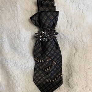 Black Patterned Tie Necklace with Crystal Tie Pin